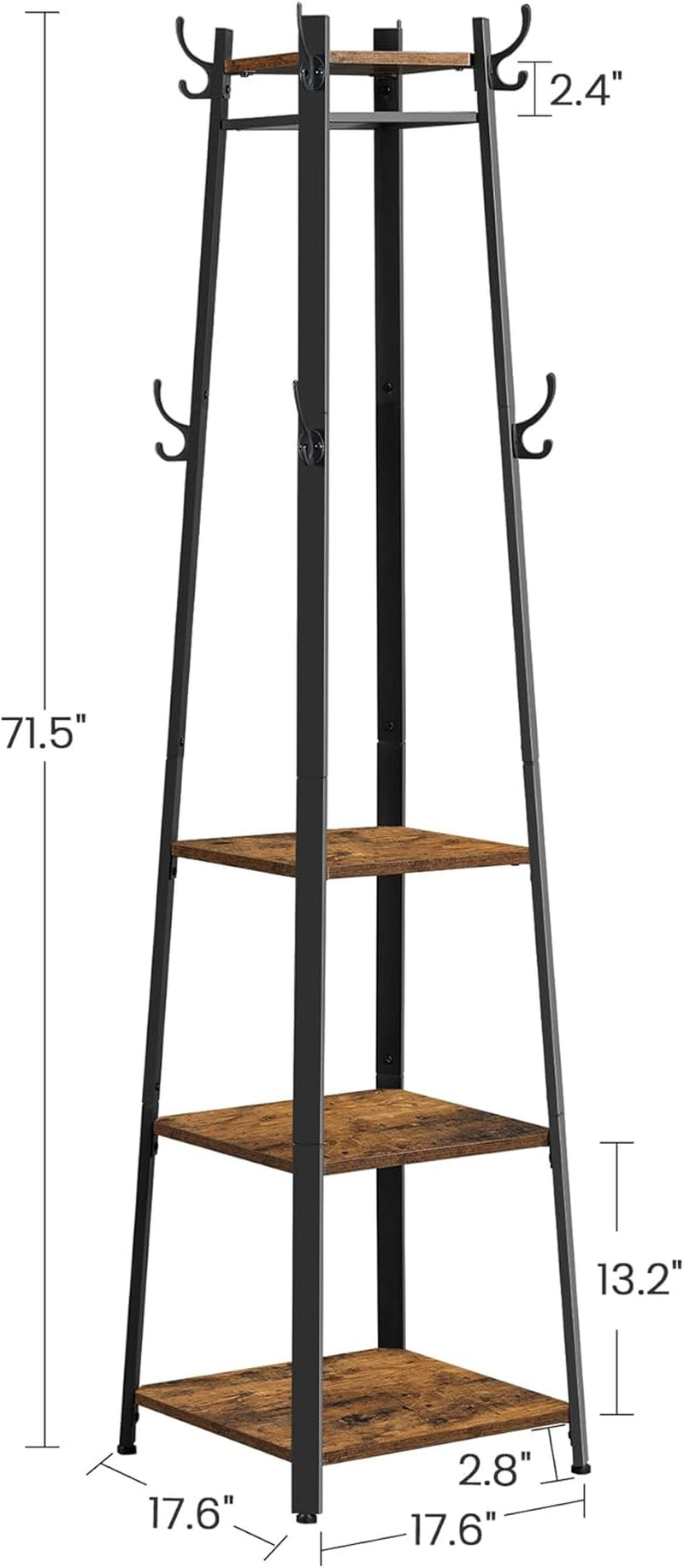 ALINRU Coat Rack with 3 Shelves, Stand with Hooks for Scarves, Bags and Umbrellas, Steel Frame, Industrial Style, Rustic Brown and Black ULCR80X