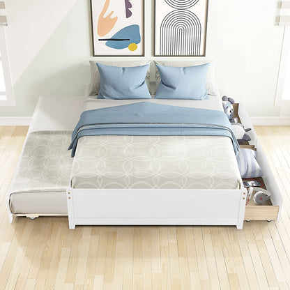 Full Bed Frames, Full Bed with Trundle, Platform Bed with Drawers, Wood Full Bed Frame with Slats Support (White, Full Bed with Trundle+Drawers)