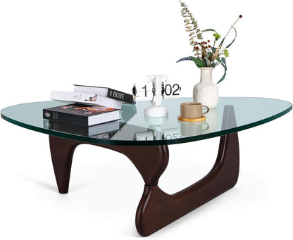 Noguchi Table Triangle Glass Coffee Table Vintage Glass End Table, Solid Wood Base and Triangle Clear Glass Top Modern End Table for Living Room, Patio, Study