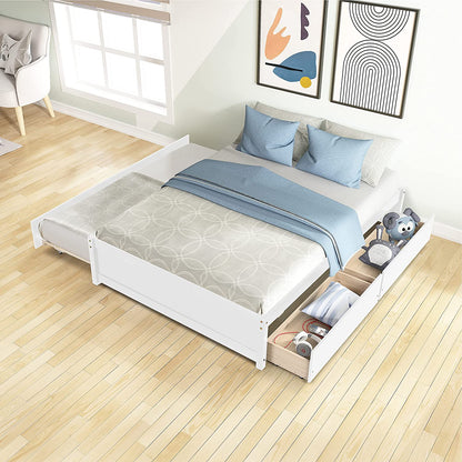 Full Bed Frames, Full Bed with Trundle, Platform Bed with Drawers, Wood Full Bed Frame with Slats Support (White, Full Bed with Trundle+Drawers)