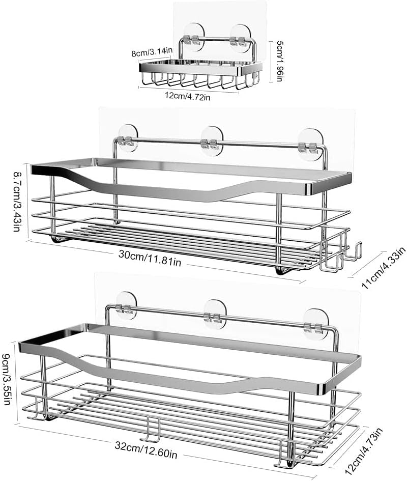 Shower Caddy Basket Soap Dish Holder Shelf with 5 Hooks Bathroom Organizer Shelf Kitchen Storage Rack Wall Mounted Adhesive No Drilling Rustproof SUS304 Stainless Steel - 3 Pack