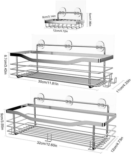 Shower Caddy Basket Soap Dish Holder Shelf with 5 Hooks Bathroom Organizer Shelf Kitchen Storage Rack Wall Mounted Adhesive No Drilling Rustproof SUS304 Stainless Steel - 3 Pack