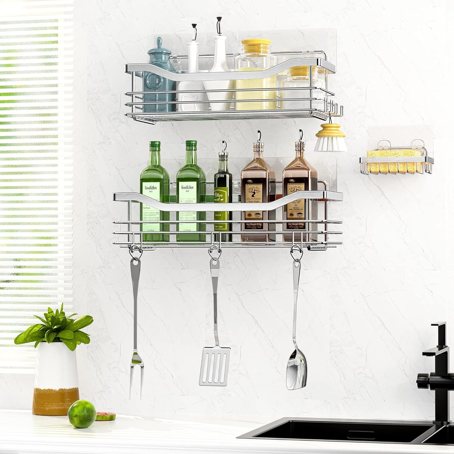 Shower Caddy Basket Soap Dish Holder Shelf with 5 Hooks Bathroom Organizer Shelf Kitchen Storage Rack Wall Mounted Adhesive No Drilling Rustproof SUS304 Stainless Steel - 3 Pack