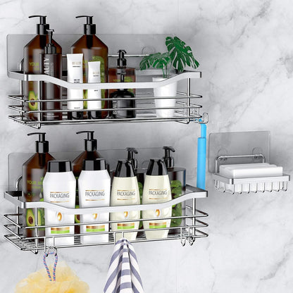 Shower Caddy Basket Soap Dish Holder Shelf with 5 Hooks Bathroom Organizer Shelf Kitchen Storage Rack Wall Mounted Adhesive No Drilling Rustproof SUS304 Stainless Steel - 3 Pack